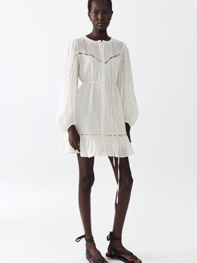 H&M White Lace-Trim Long Sleeve Mini Dress